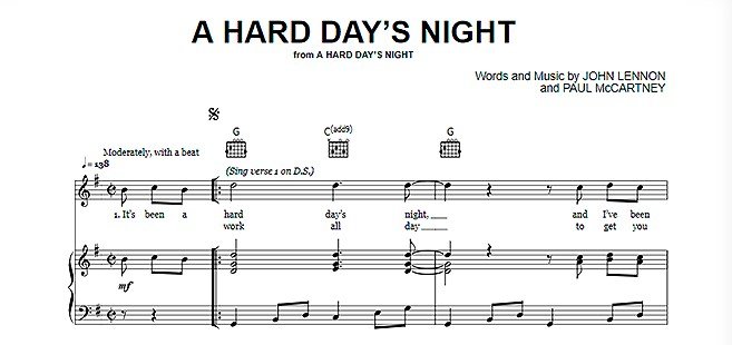 Chord charts on top of the staff John lennon - A hard days night
